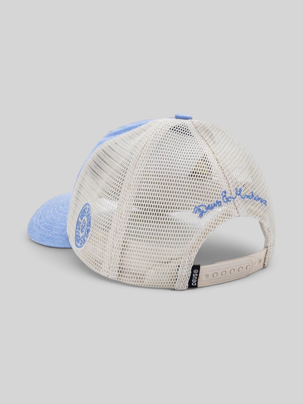Baffle Haus Los Angeles Address trucker hat in Bonnie Blue with white mesh back, snap closure, and embroidery.
