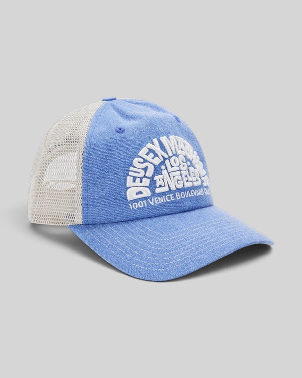 Baffle Haus Los Angeles Address trucker hat in Bonnie Blue with white mesh back, contrast stitching, and embroidery.