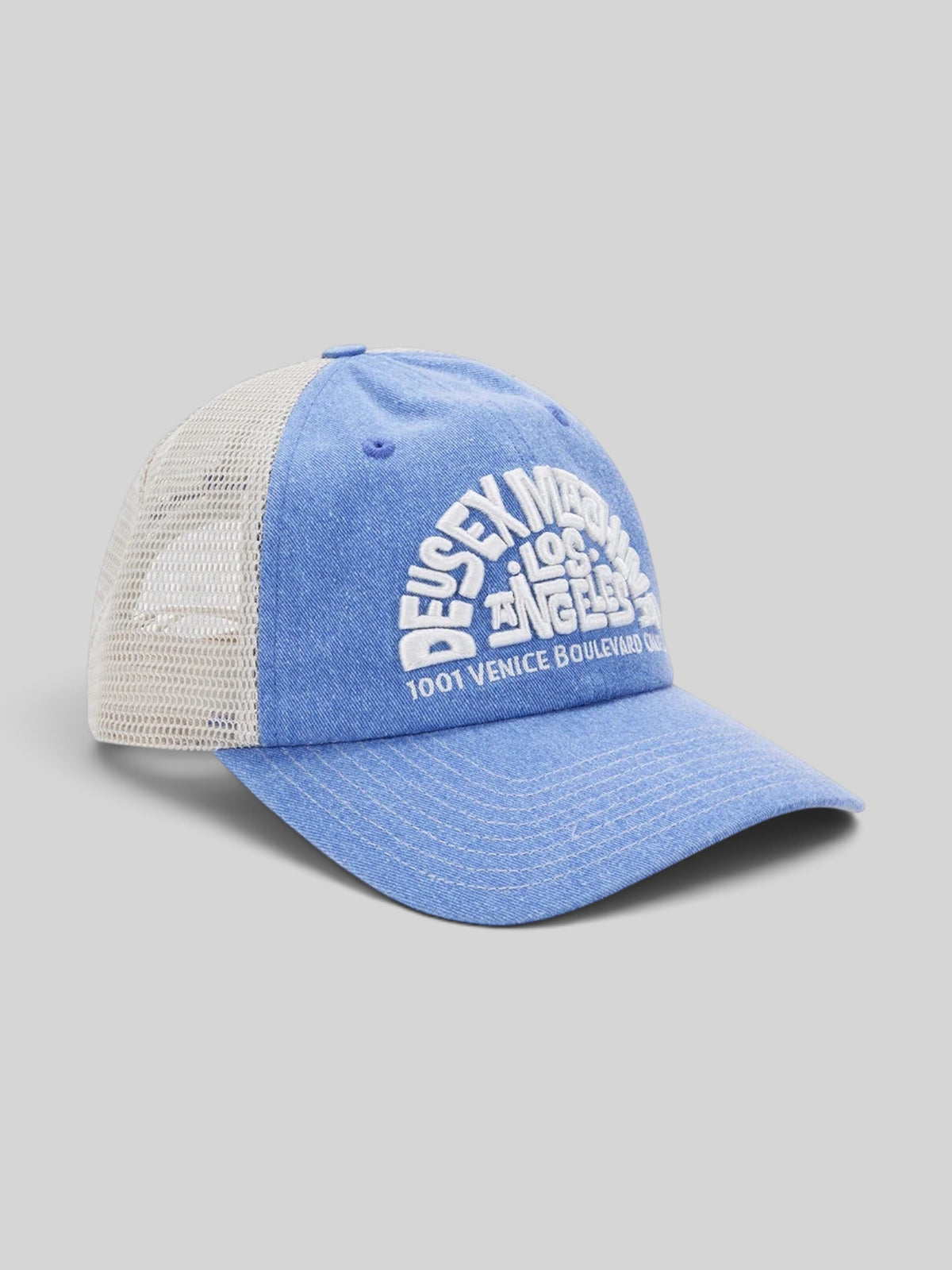 Baffle Haus Los Angeles Address trucker hat in Bonnie Blue with white mesh back, contrast stitching, and embroidery.