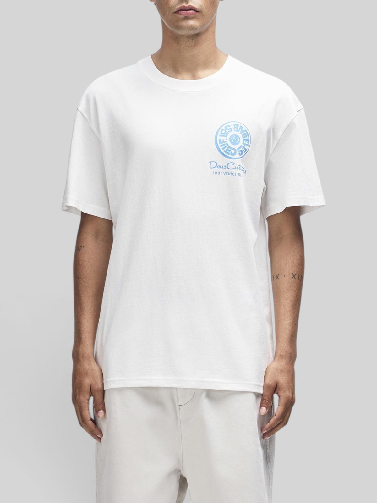 Baffle Haus vintage white loose fit recycled cotton t-shirt with blue Los Angeles graphic print on the chest