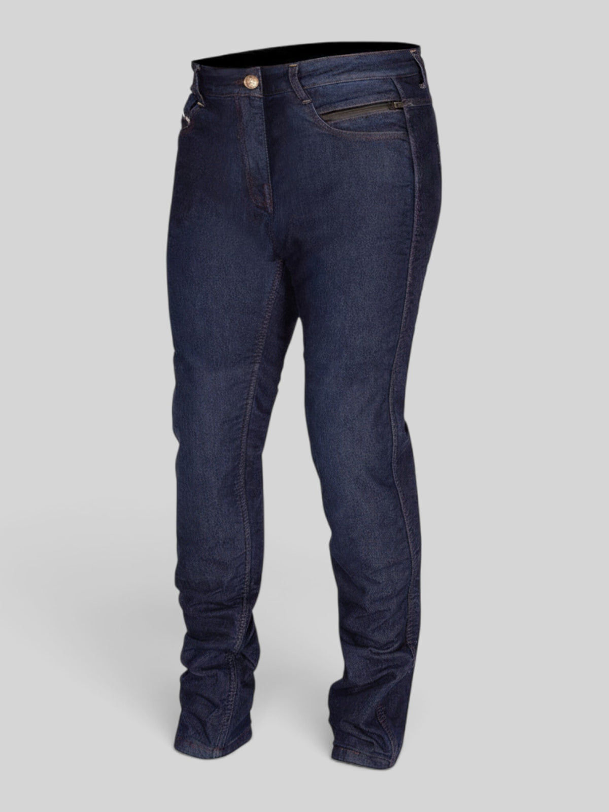 Baffle Haus Macy 2 waterproof women's riding jeans in dark blue Cordura denim with D3O armor and zippered pockets.