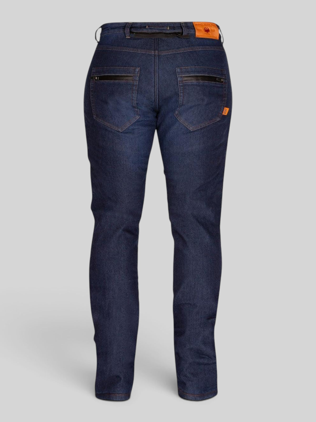 Baffle Haus Macy 2 waterproof women's riding jeans in blue denim with rear zipped pockets and leather belt patch