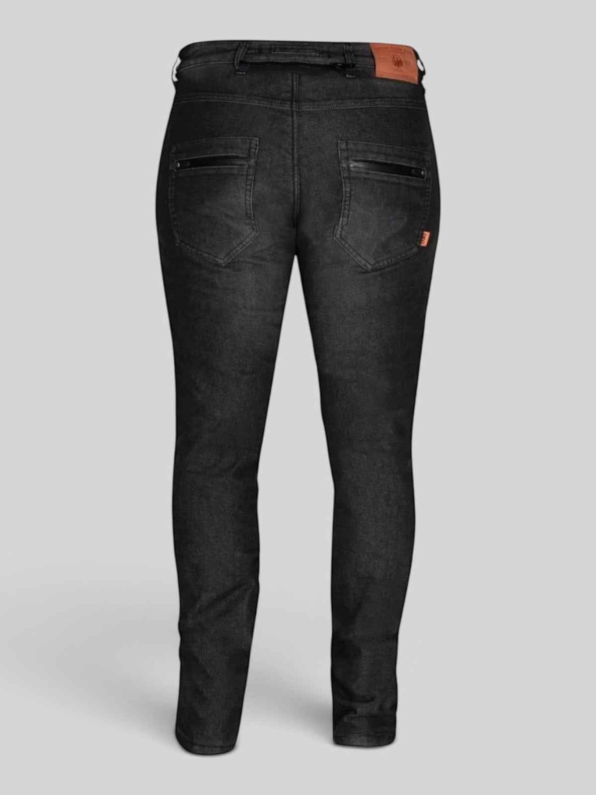 Baffle Haus Macy 2 waterproof women's riding jeans in black denim with rear zipped pockets and leather belt patch
