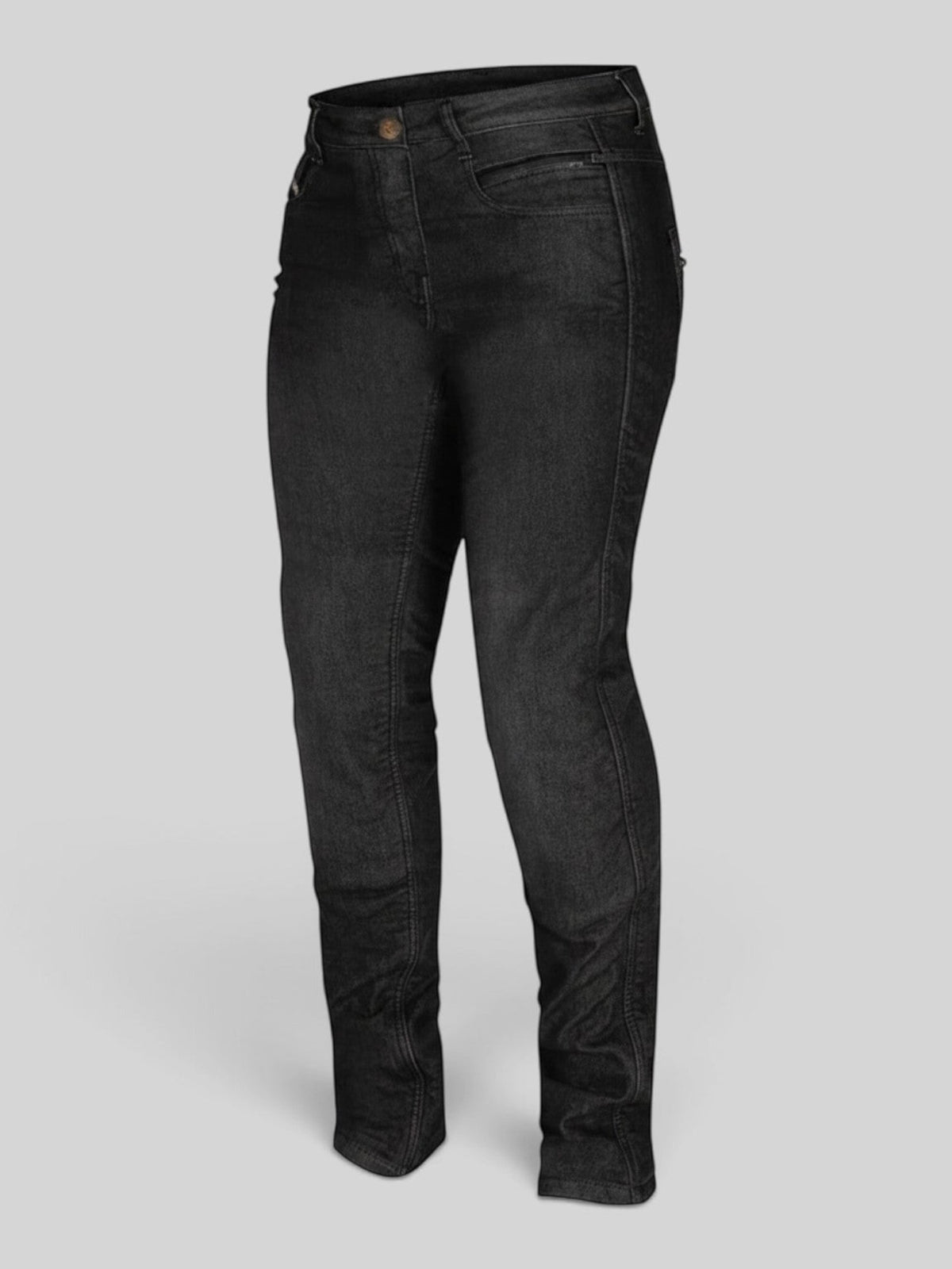 Baffle Haus Macy 2 waterproof women's motorcycle jeans in black Cordura denim with D3O armor protection.
