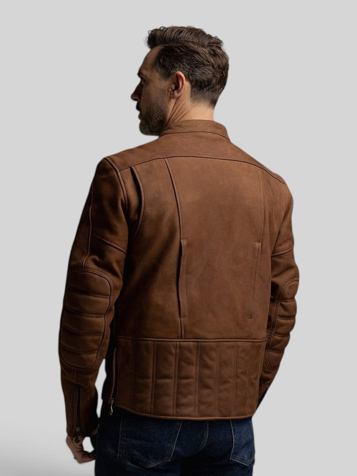 Baffle Haus Motone Shōgun mahogany nubuck leather motorcycle jacket with quilted back panels, rear view
