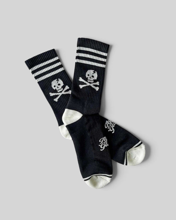 Baffle Haus Age Of Glory Marauder black and off-white cotton motorcycle socks with skull and crossbones graphic