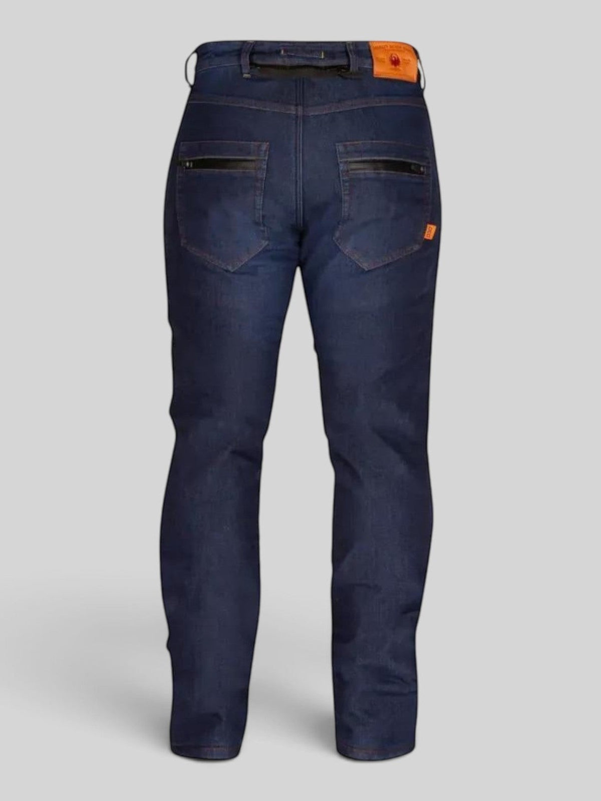 Baffle Haus Mason II waterproof blue riding jeans, rear view showing zippered pockets and orange leather patch.
