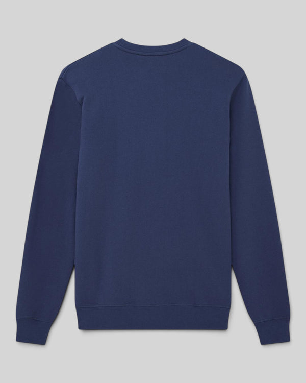 Baffle Haus Trafalgar Crew fleece in mechanic blue, featuring a regular fit, ribbed trim, and organic cotton fabric.