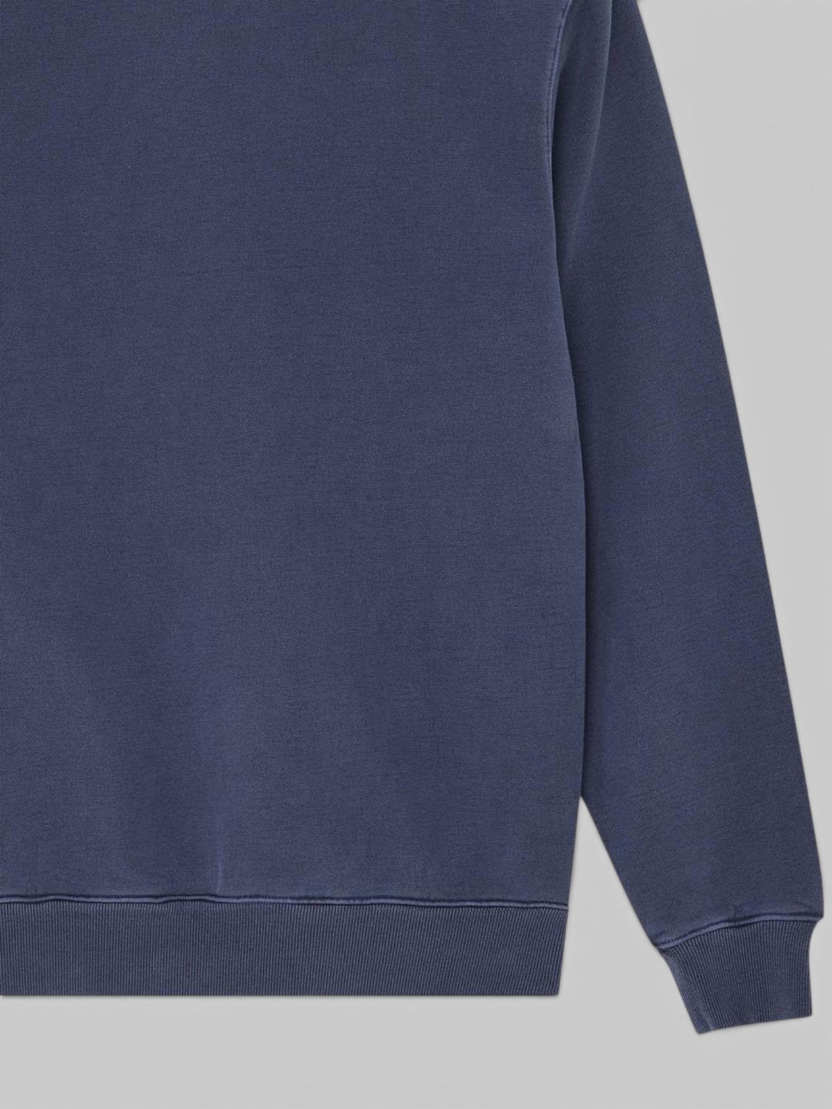 Baffle Haus Deus Shield crew neck sweatshirt in mechanic blue heavyweight loop back fleece with garment dyed finish