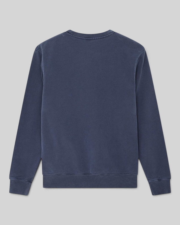 Baffle Haus Deus Shield crew neck sweatshirt in mechanic blue heavyweight loop back fleece, back view.