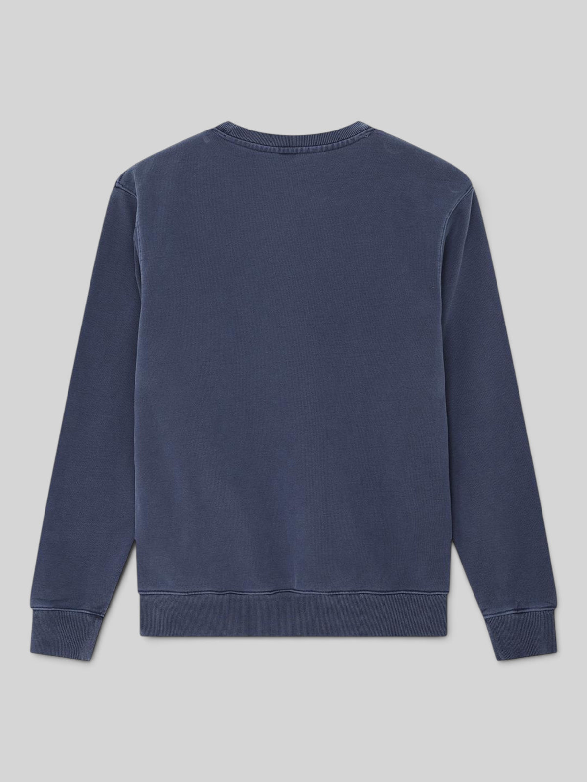 Baffle Haus Deus Shield crew neck sweatshirt in mechanic blue heavyweight loop back fleece, back view.