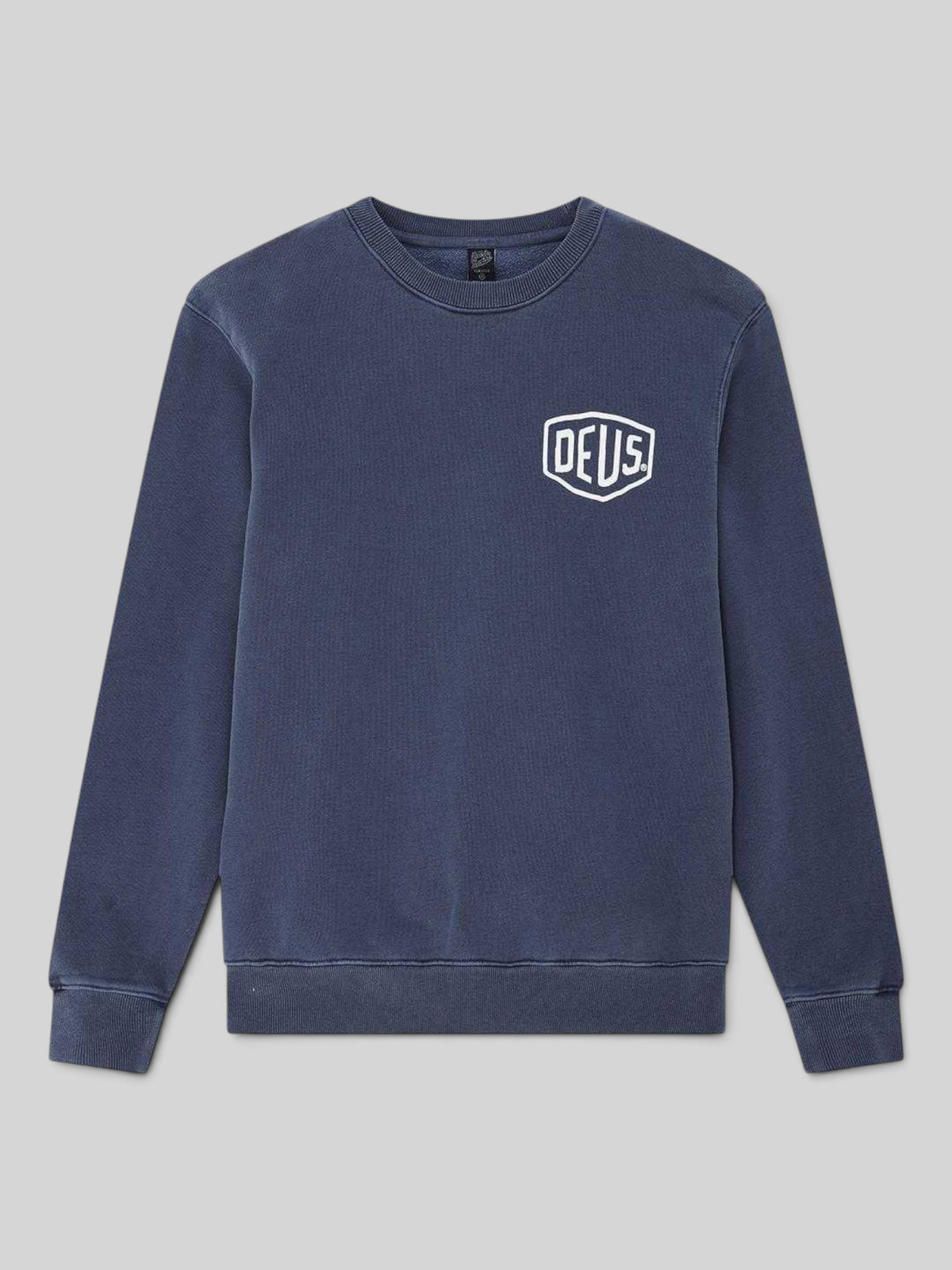 Baffle Haus Deus Shield crew neck sweatshirt in mechanic blue with white chest logo and heavyweight fleece fabric