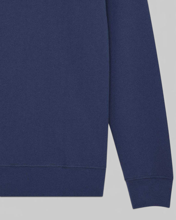 Baffle Haus Trafalgar Crew fleece in mechanic blue organic cotton with ribbed cuffs and hem