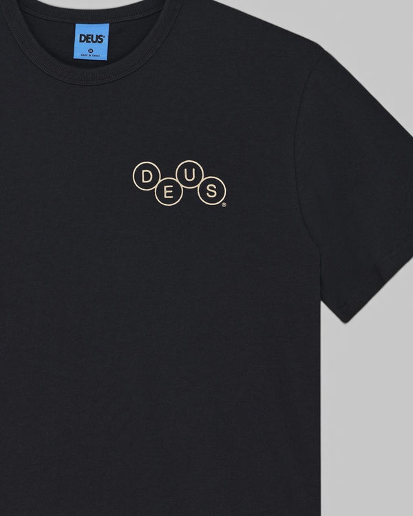 Baffle Haus Mechanism black short sleeve t-shirt in organic cotton jersey with white circular chest logo print