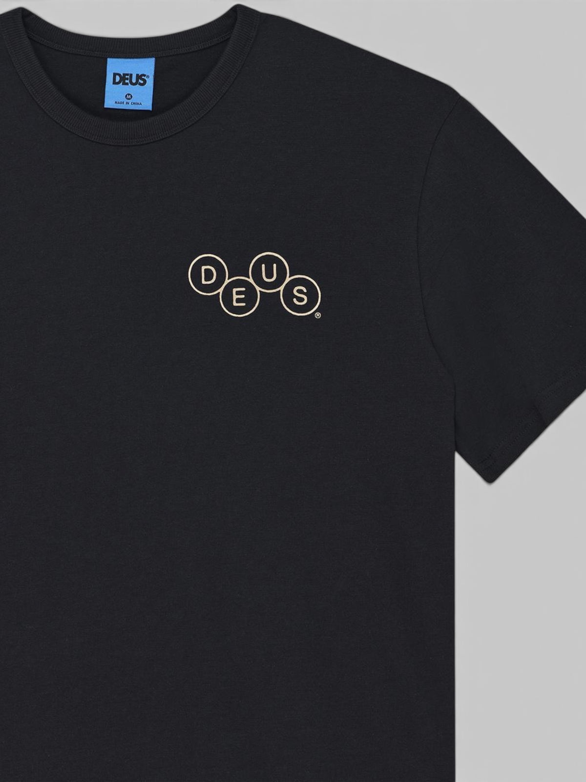 Baffle Haus Mechanism black short sleeve t-shirt in organic cotton jersey with white circular chest logo print