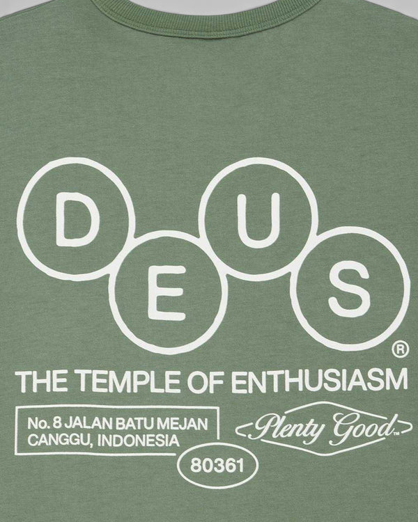 Baffle Haus Mechanism Tee in loden frost green organic cotton with white graphic print on the chest