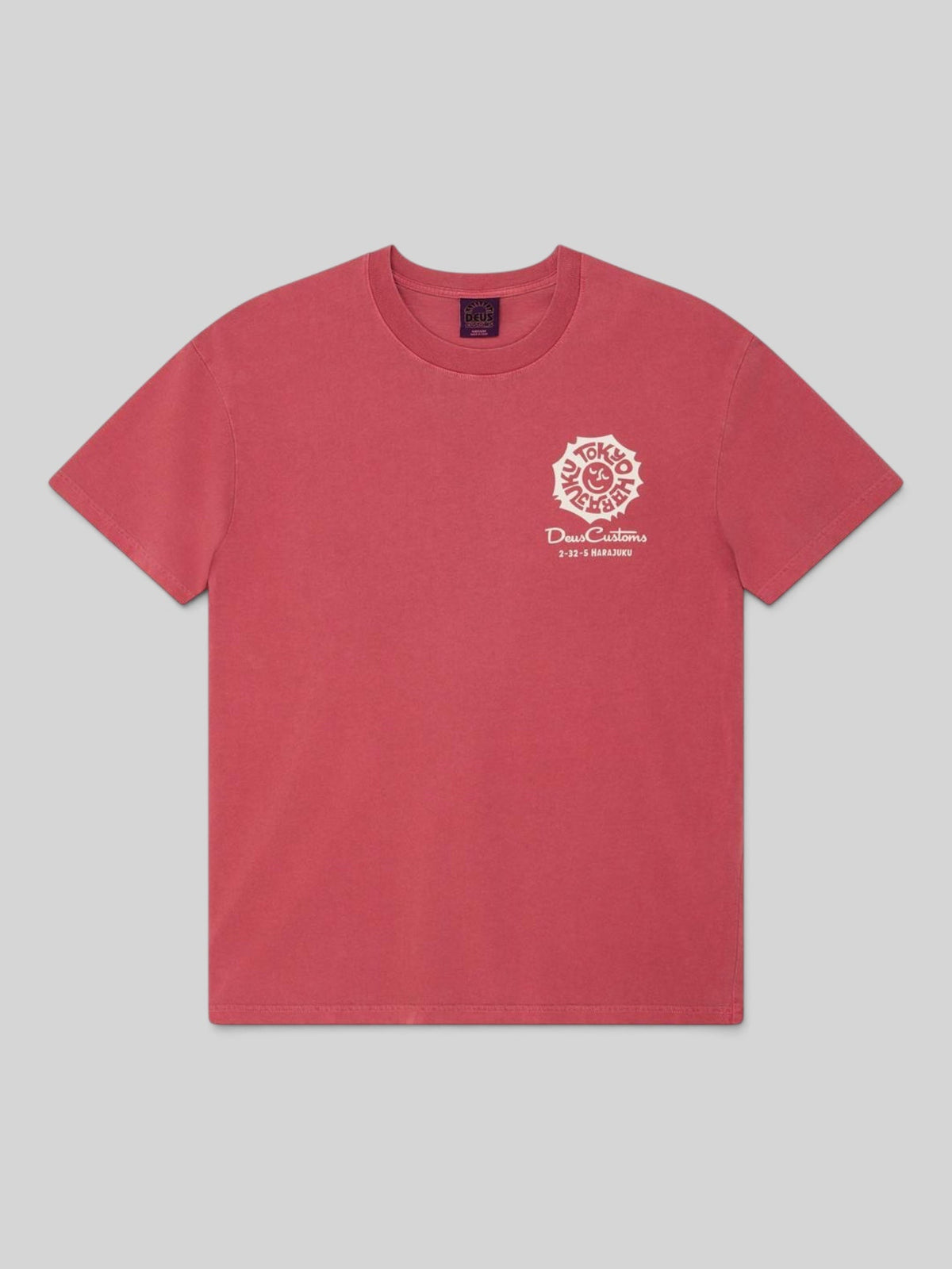 Baffle Haus melon red loose fit recycled cotton t-shirt with white Tokyo graphic print on the chest