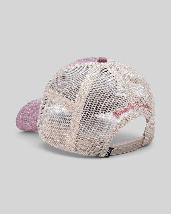 Baffle Haus Slapstick Trucker hat in melon red with beige mesh back, snap closure, and embroidered logo detail.