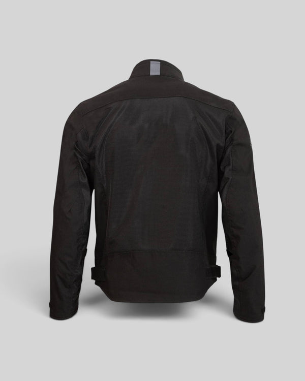 Baffle Haus Mens Prospect Air Mesh motorcycle jacket in black, showing the back view with reflective collar detail.
