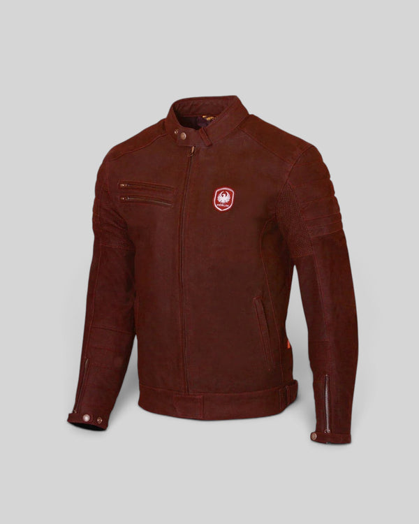 Baffle Haus Merlin Alton II oxblood aniline leather motorcycle jacket with D3O armor and silver hardware