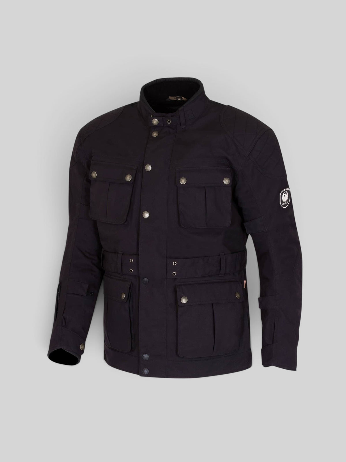 Baffle Haus Merlin Burslem Eco black laminated motorcycle jacket with diamond stitched shoulders and snap pockets.