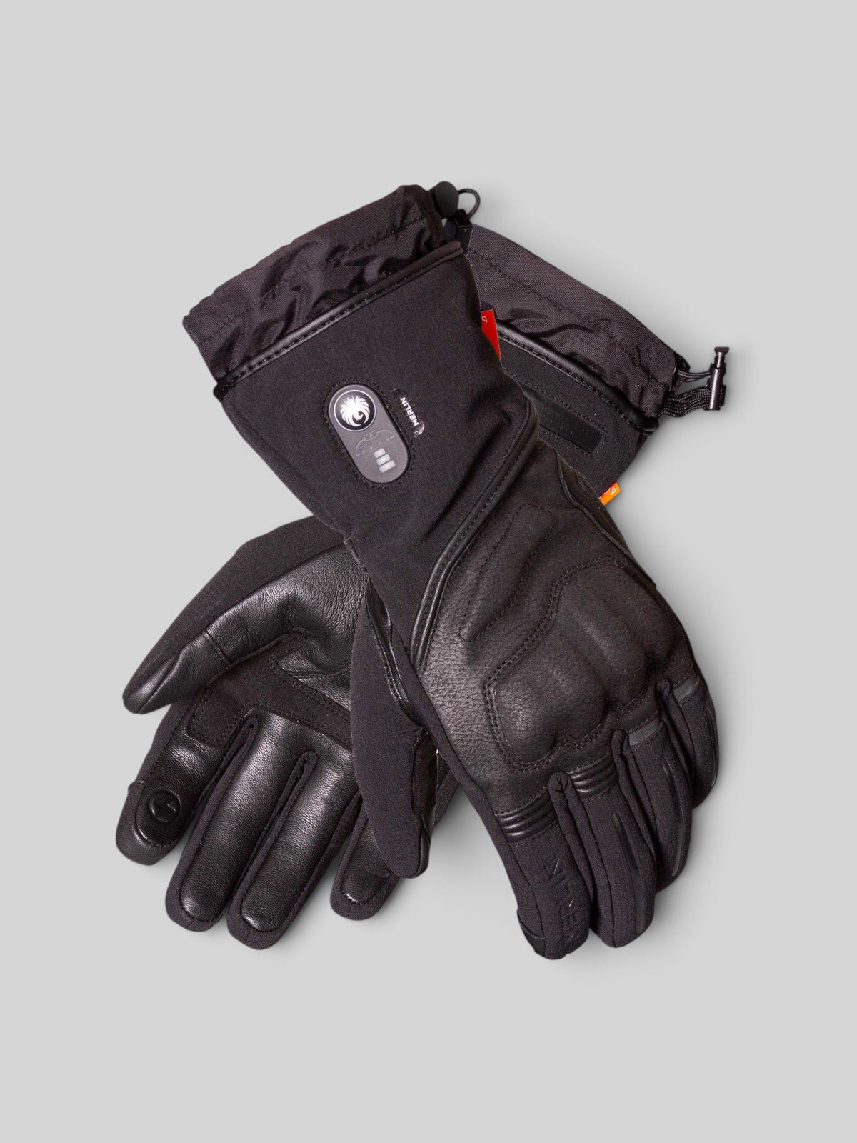 Baffle Haus Merlin Curborough black heated motorcycle gloves with D3O knuckle protection and LED heat controller.