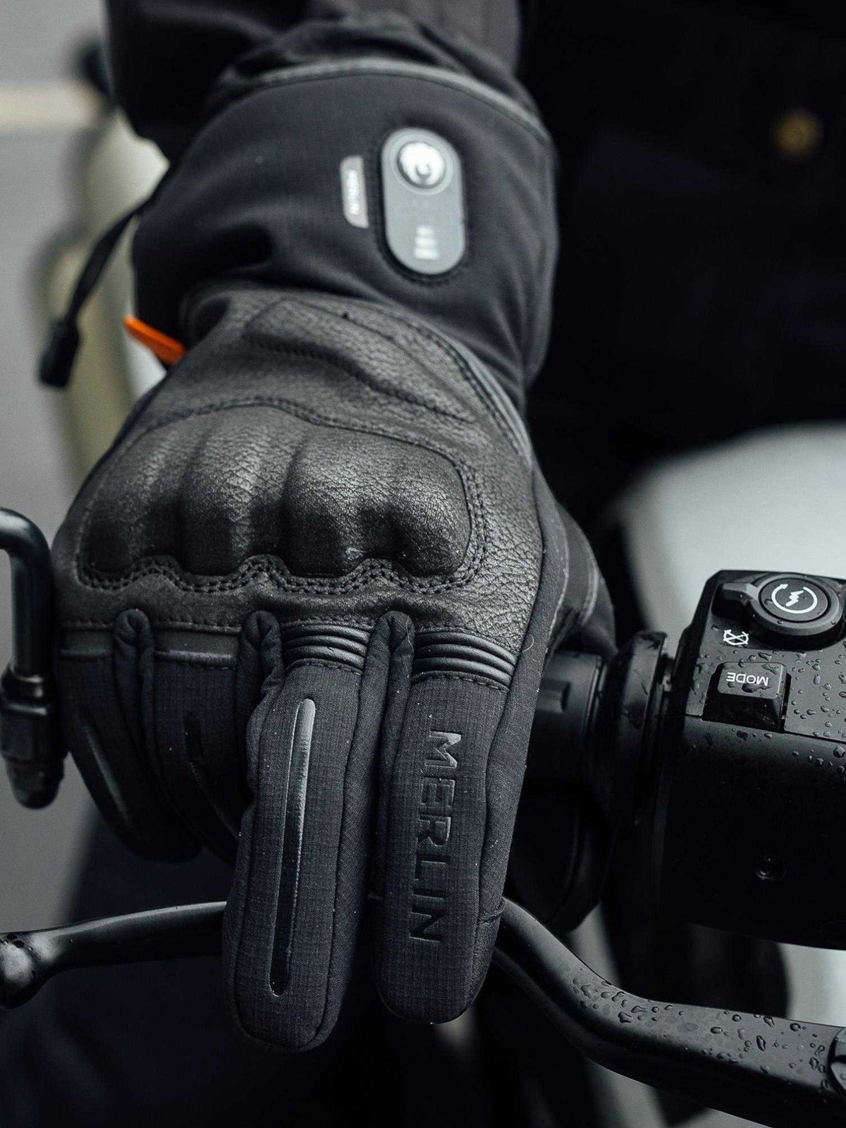 Baffle Haus Merlin Curborough black heated motorcycle glove with D3O knuckle protection and LED heat controller