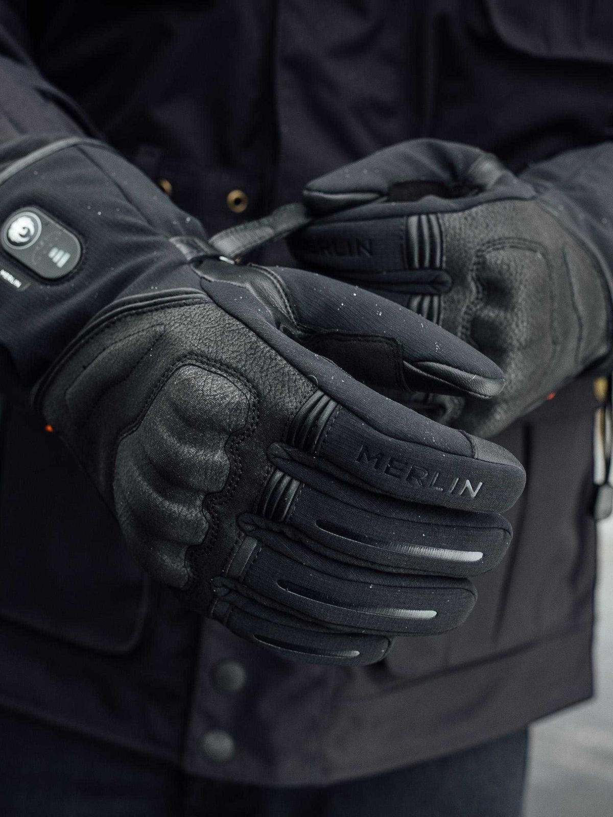 Baffle Haus Merlin Curborough black heated motorcycle gloves with D3O knuckle protection and LED heat controller
