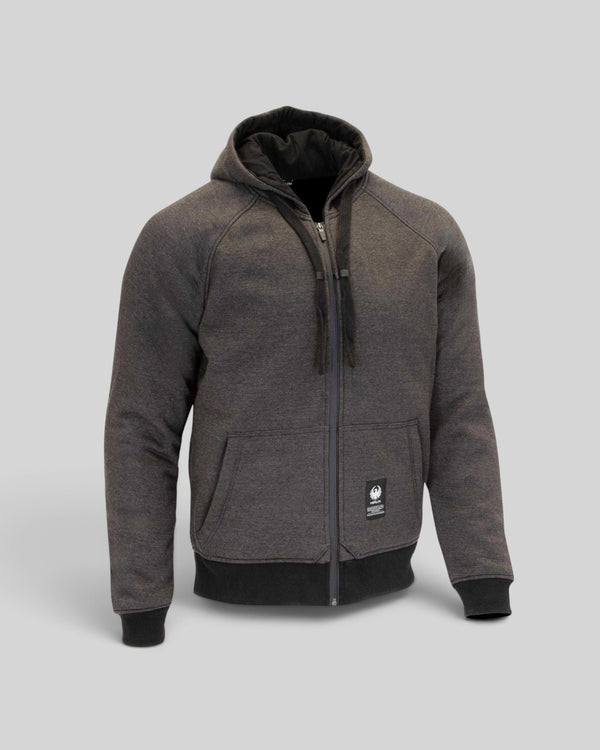 Baffle Haus Merlin Hamlin Hydro waterproof motorcycle hoodie in charcoal grey with zip front and hood