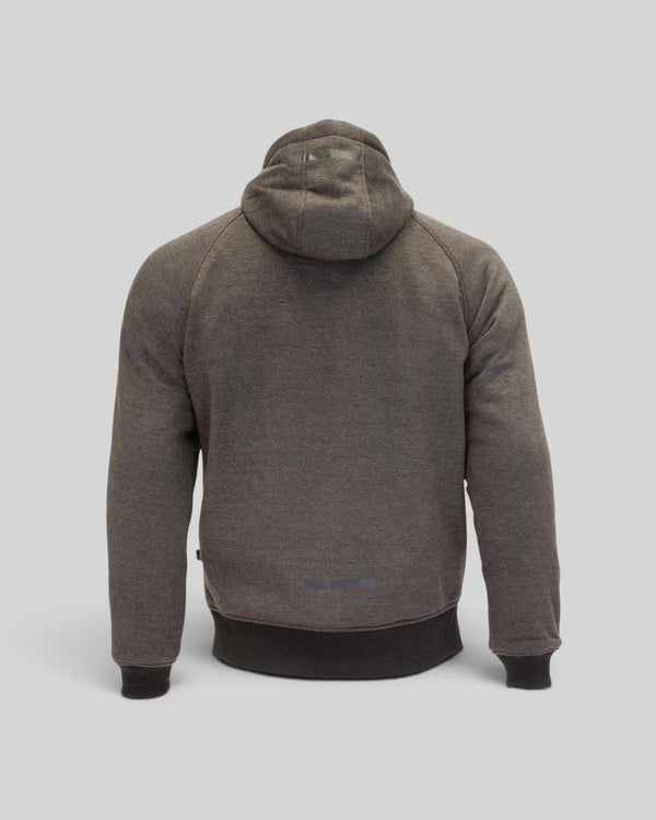Back view of the Baffle Haus Merlin Hamlin Hydro waterproof motorcycle hoodie in charcoal grey with a hood.