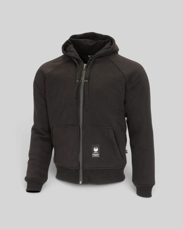 Baffle Haus Merlin Hamlin Hydro black waterproof motorcycle hoodie with front zip and protective Kevlar lining