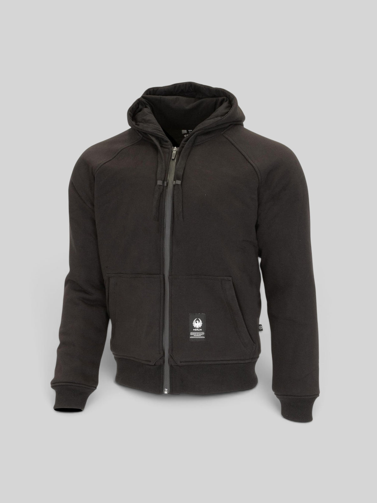 Baffle Haus Merlin Hamlin Hydro black waterproof motorcycle hoodie with front zip and protective Kevlar lining