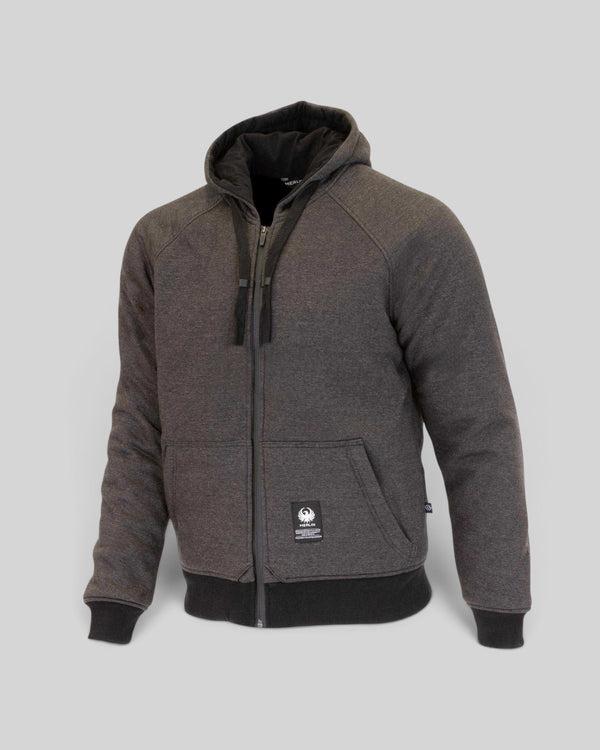 Baffle Haus Merlin Hamlin Hydro waterproof motorcycle hoodie in charcoal grey with protective lining and hood.