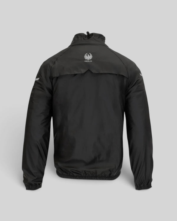 Baffle Haus Merlin Hydro Shield waterproof motorcycle jacket in black, featuring a back view with reflective logo.