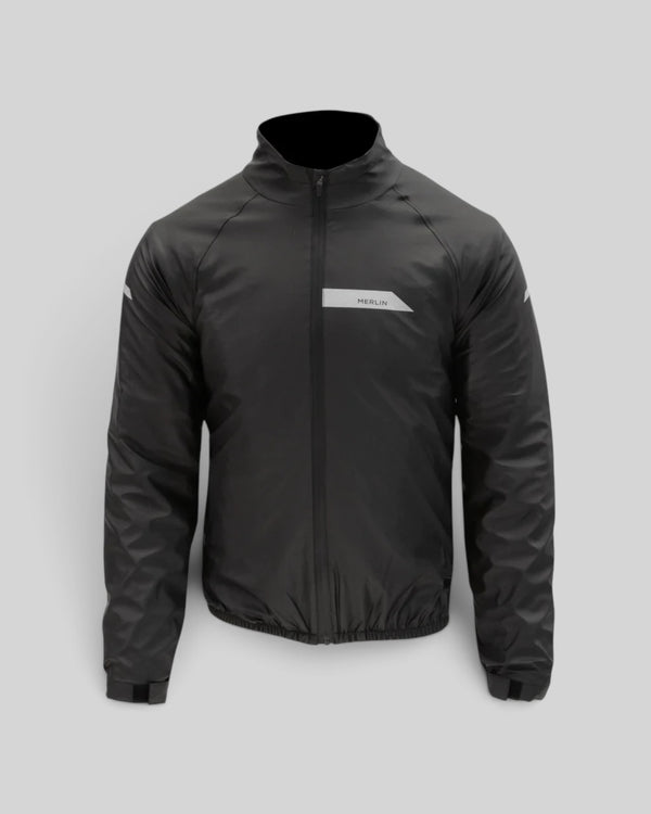 Baffle Haus Merlin Hydro Shield black waterproof motorcycle jacket with reflective details and zip closure.