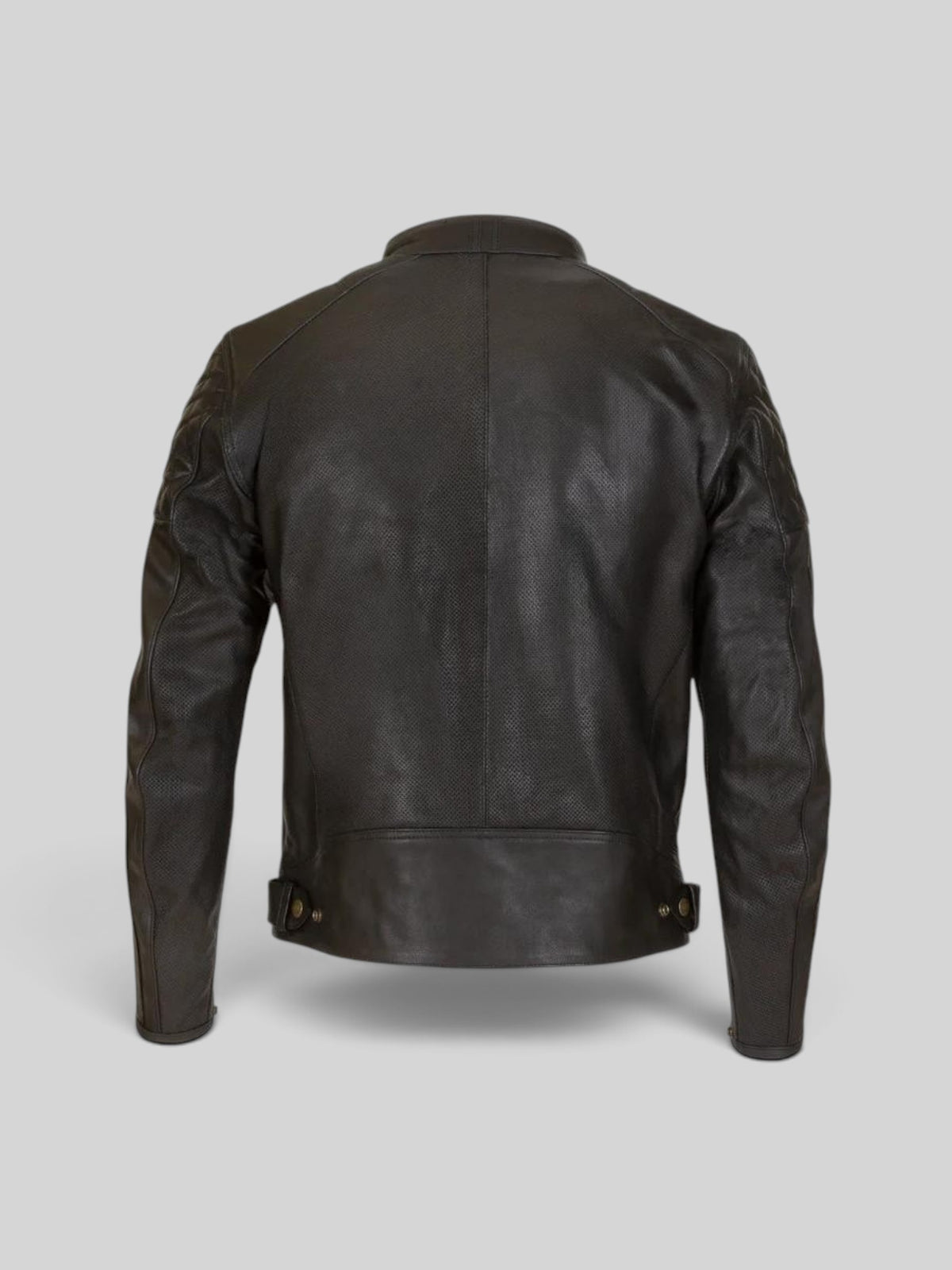 Baffle Haus Merlin Icon black perforated cowhide leather motorcycle jacket, back view with quilted shoulder detail.