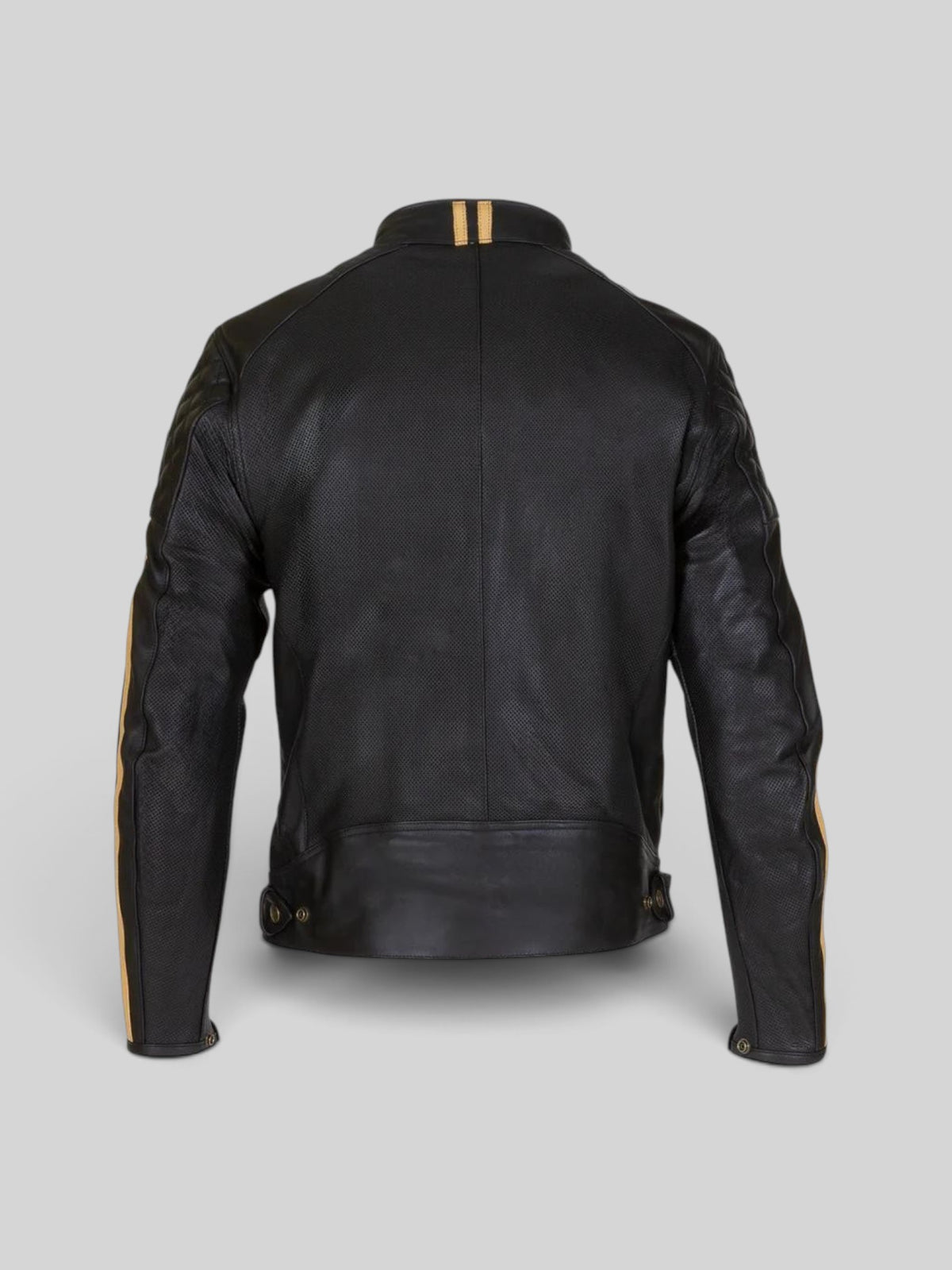 Back view of Baffle Haus Merlin Icon black cowhide leather motorcycle jacket with gold racer stripes and perforation.
