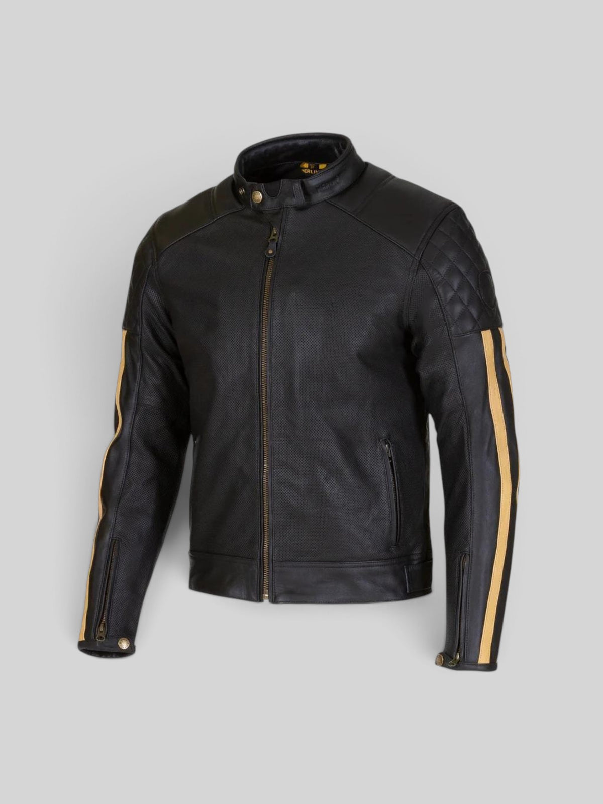 Baffle Haus Merlin Icon black leather motorcycle jacket with gold racing stripes and diamond quilted shoulder detail.