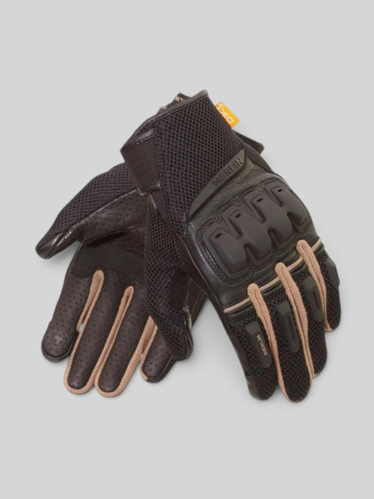Baffle Haus Merlin Jura Air Mesh D30 motorcycle gloves in black and earth with knuckle protection and leather details