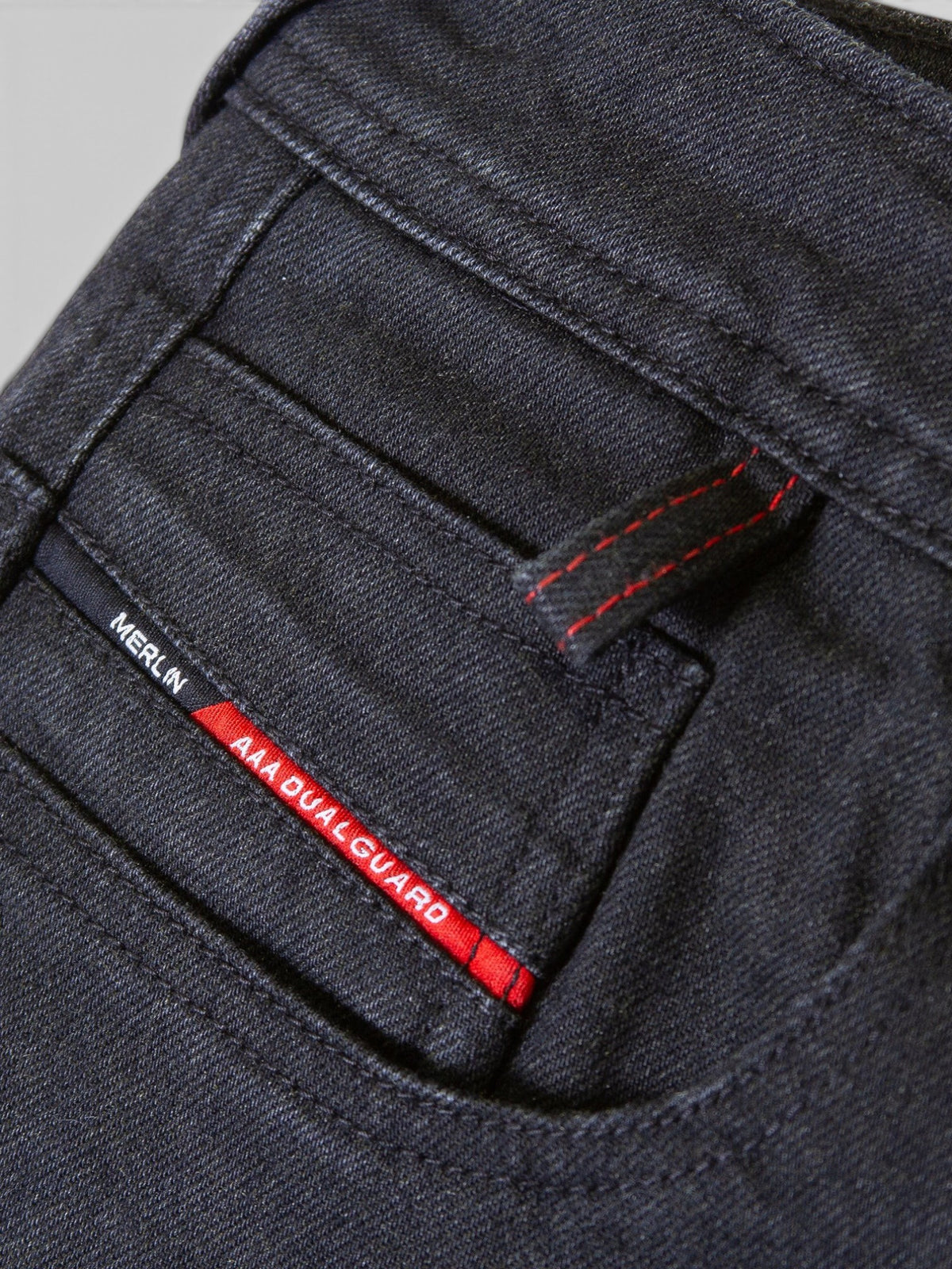 Baffle Haus Merlin Rivington AAA motorcycle jeans in black denim with red DualGuard label detail on the pocket