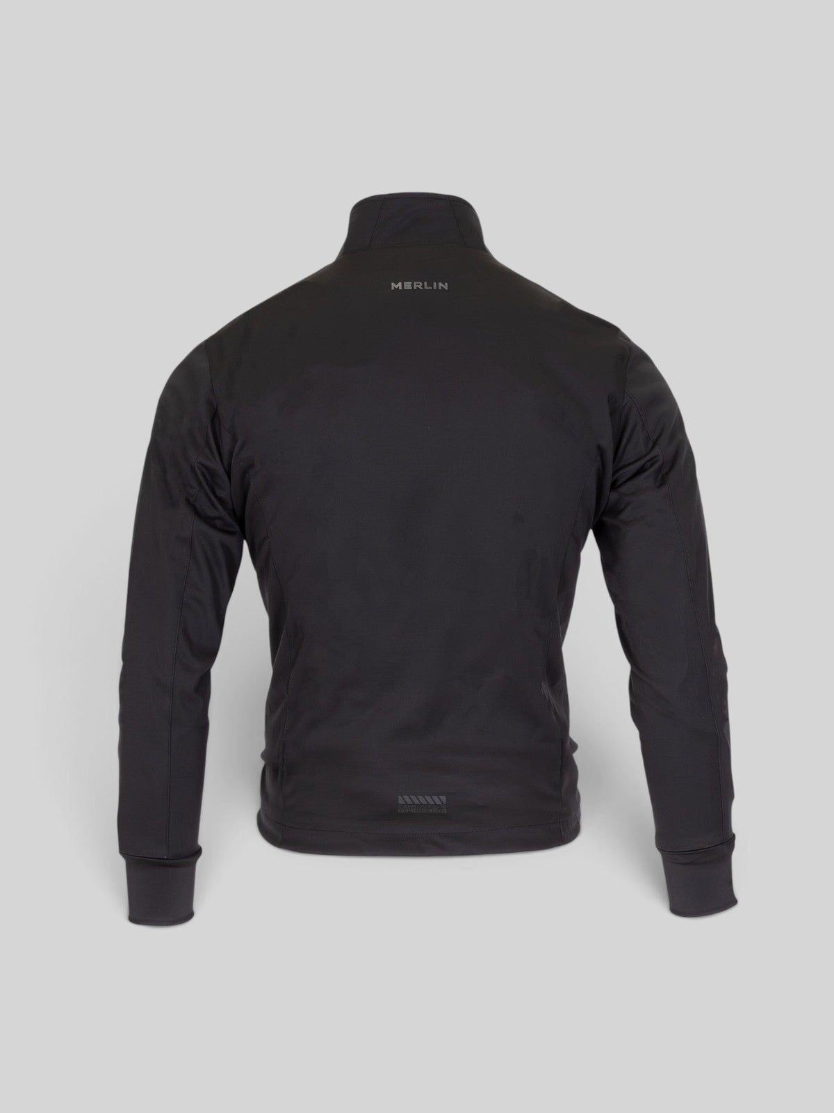 Back view of Baffle Haus Merlin Thermavolt black heated mid-layer jacket with breathable polyester fabric.