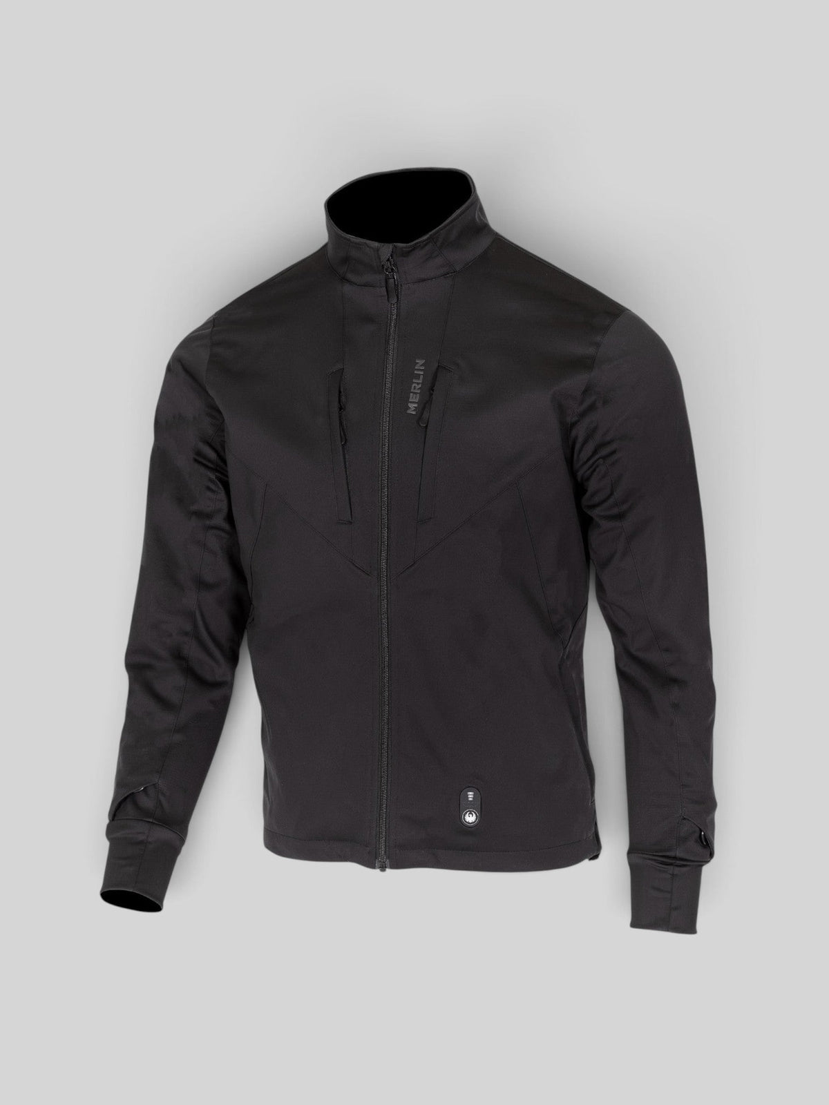 Baffle Haus Merlin Thermavolt black heated motorcycle mid-layer jacket with front zip pockets and controller button.