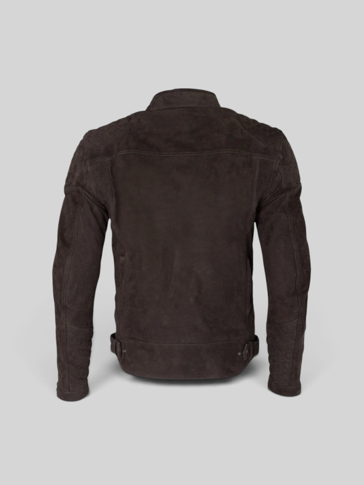 Back view of Baffle Haus Merlin Torsten black cowhide leather motorcycle jacket with quilted shoulder detailing.