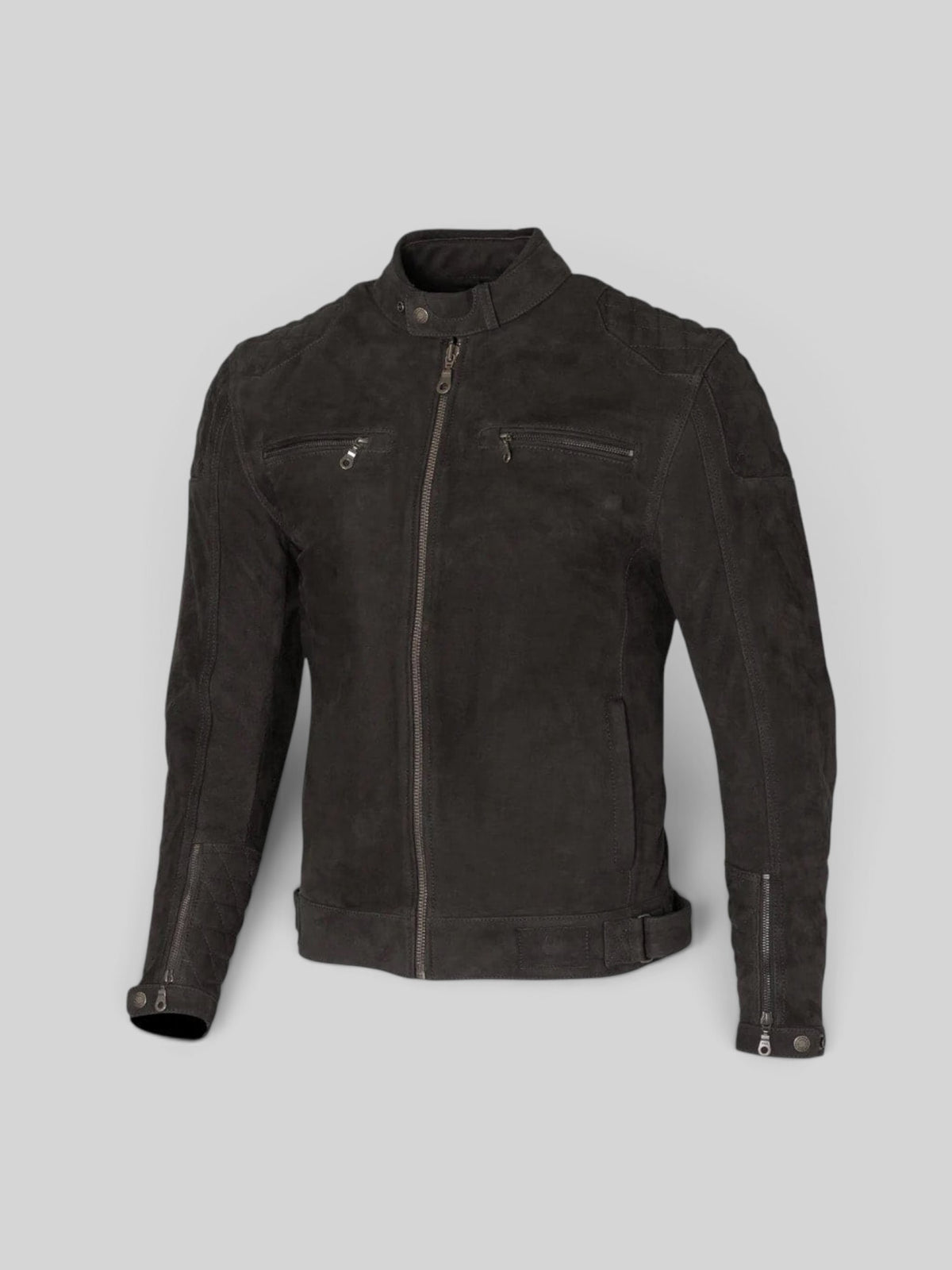 Baffle Haus Merlin Torsten black leather motorcycle jacket with quilted shoulder panels and zip pockets