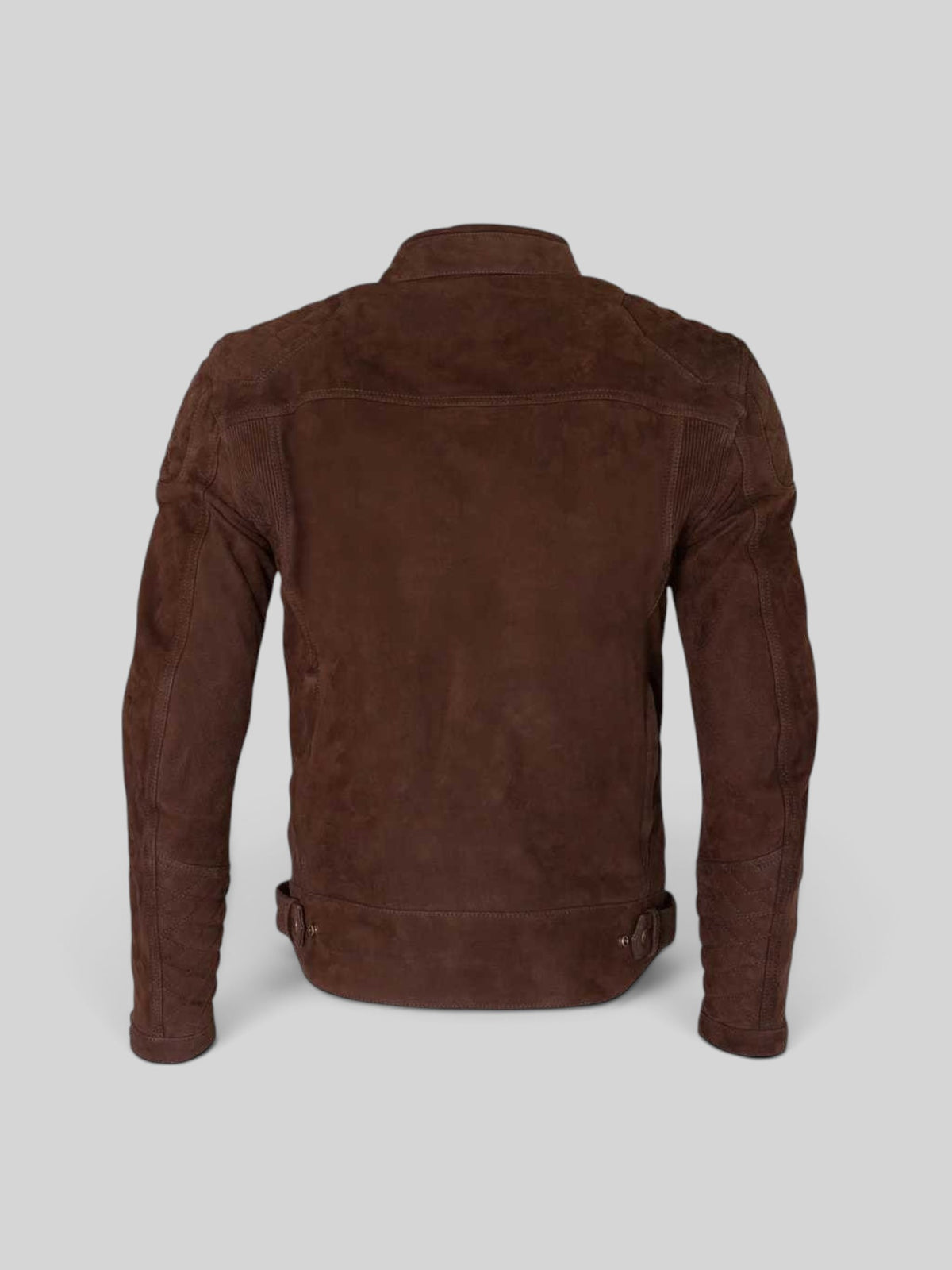 Back view of Baffle Haus Merlin Torsten brown leather motorcycle jacket with quilted shoulder and arm detailing.