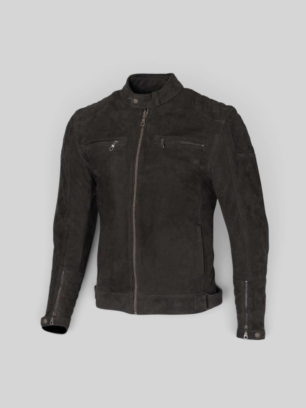 Baffle Haus Merlin Torsten black cowhide leather motorcycle jacket with D3O armor and diamond quilted shoulder panels.