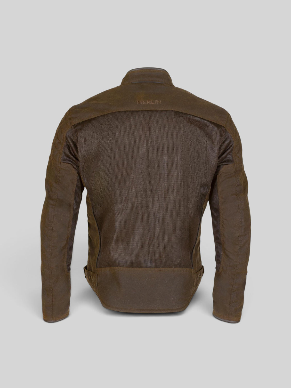 Back view of Baffle Haus Merlin Waltham D30 COTEC AIR motorcycle jacket in olive with breathable mesh panels