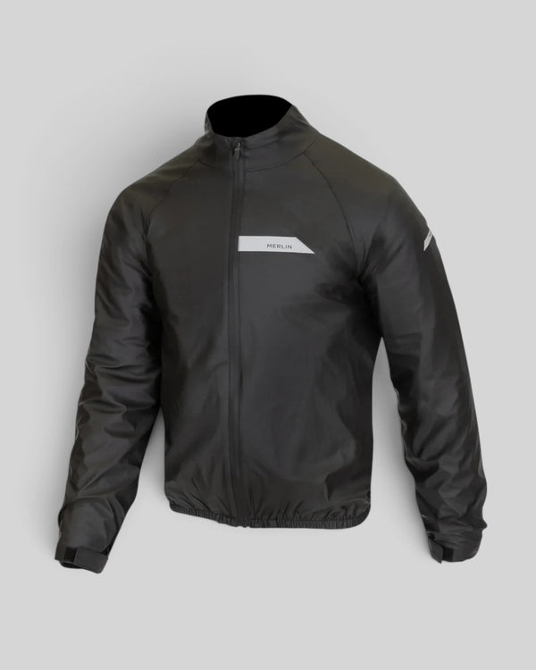 Baffle Haus Merlin Hydro Shield waterproof motorcycle jacket in black with reflective branding and zip closure.