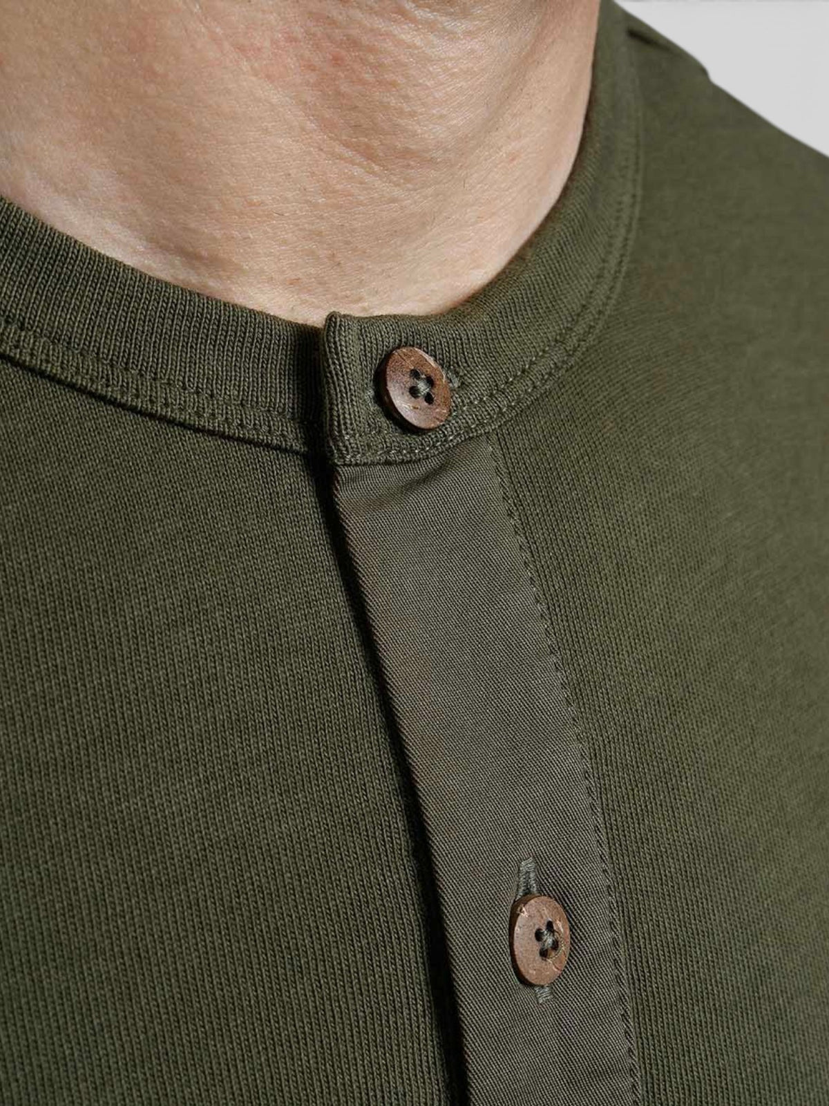 Baffle Haus 1927 Henley long sleeve shirt in Mojave Green cotton with authentic coconut button placket detail