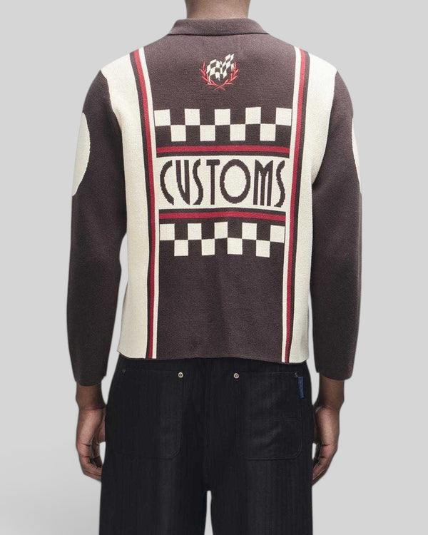 Baffle Haus Monte Carlo knit cardigan in java brown featuring a back graphic jacquard moto design and embroidery.